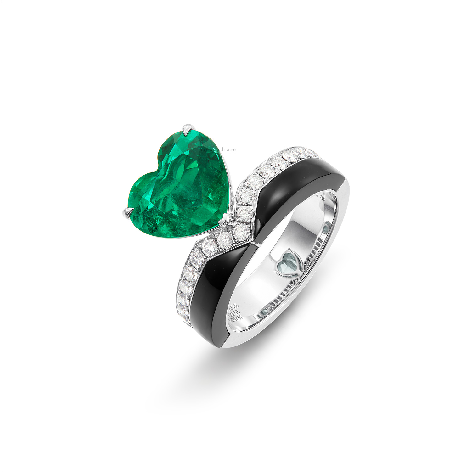 EMERALD, ONYX AND DIAMOND RING