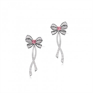 PAIR OF PINK SPINEL, ENAMEL AND DIAMOND 'RIBBON' PENDENT EARRINGS