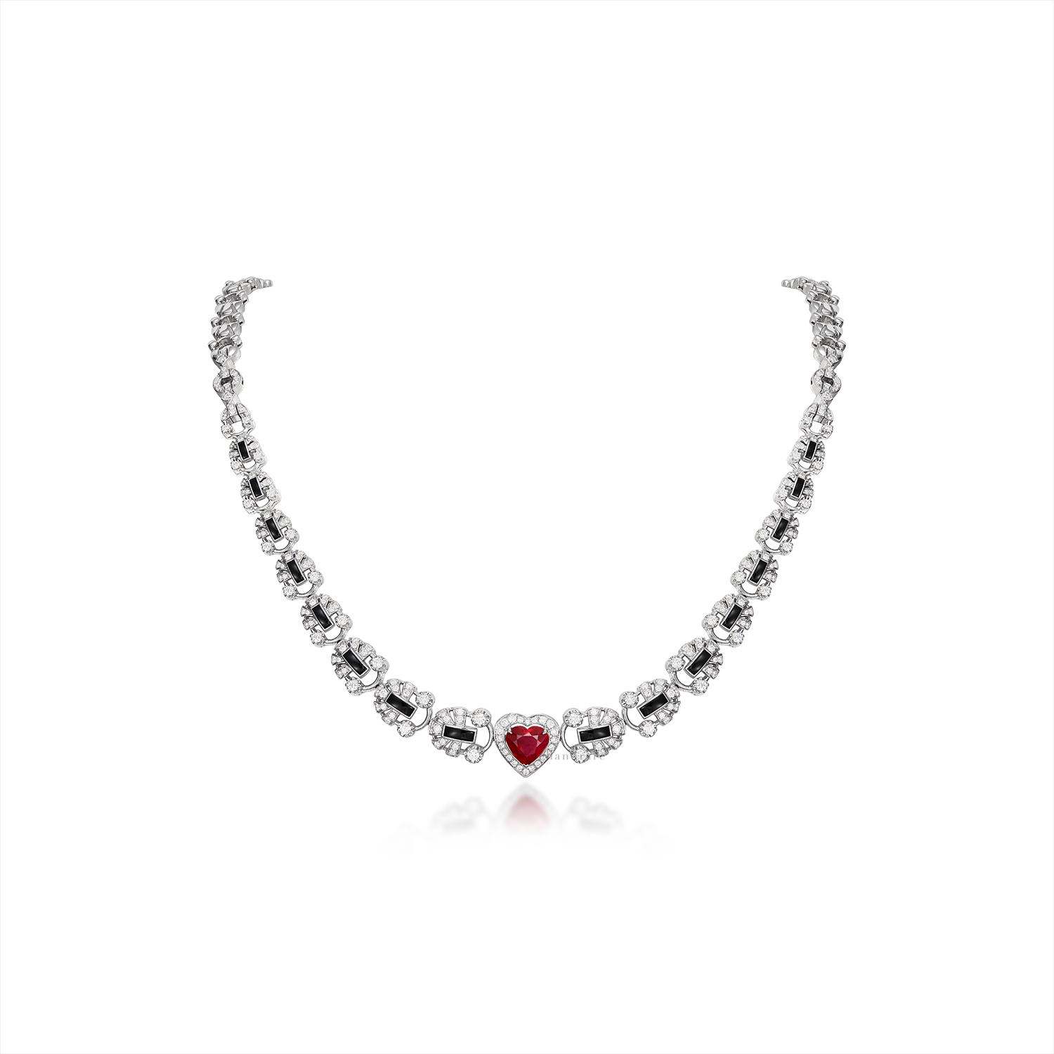 RUBY, ONYX AND DIAMOND NECKLACE