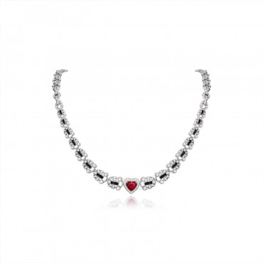 RUBY, ONYX AND DIAMOND NECKLACE