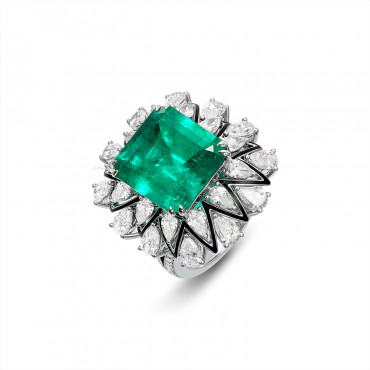 RichandRare-黑色線條-祖母綠配琺琅彩及鑽石戒指