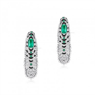 PAIR OF EMERALD, ONYX AND DIAMOND PENDENT EARRINGS