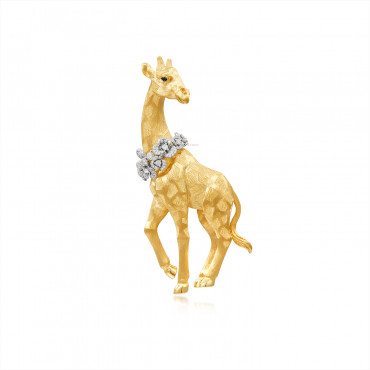 KARAT GOLD, ONYX AND DIAMOND 'GIRAFFE WITH ROSE' BROOCH