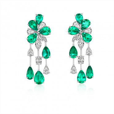 PAIR OF EMERALD AND DIAMOND PENDENT EARRINGS