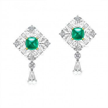 PAIR OF EMERALD AND DIAMOND PENDENT EARRINGS