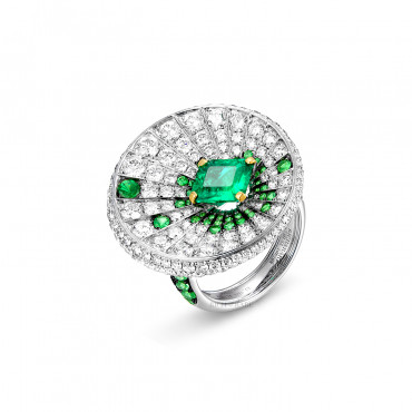 EMERALD, TSAVORITE GARNET AND DIAMOND RING